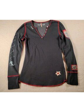 Vtg Alp N Rock Henley Shirt Heli-Ski Cross Stitch Patch Logo Base Layer Sz 1 Blu